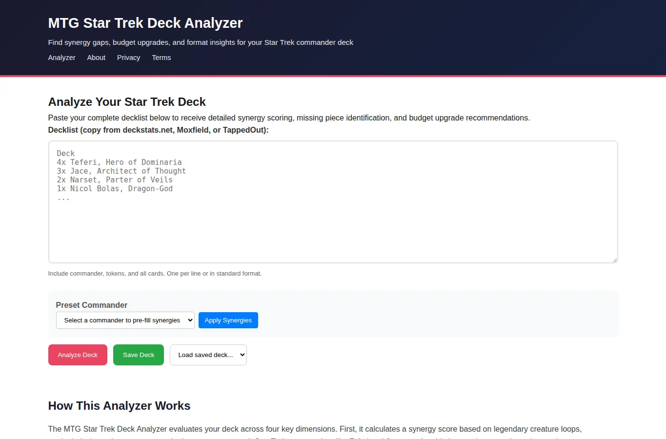 Screenshot of MTG Star Trek Deck Analyzer interface showing the project page in use
